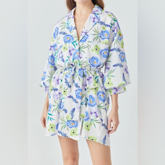 FLORAL‎ PRINT BELTED COLLARED DRESS - Picture 1 of 6
